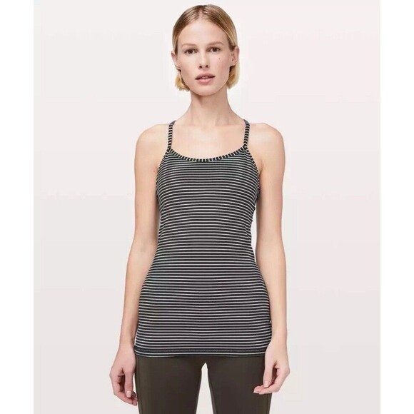 Lululemon Women Power Y Tank Luon Parallel Stripe Black/White Shelf Bra Top SZ 6 - Picture 1 of 9